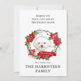 Tarjeta Festiva Watercolor Bichon Frise Poinsettia Wreath