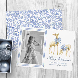 Tarjeta Festiva Watercolor Blue Chinoiserie Reindeer Photo
