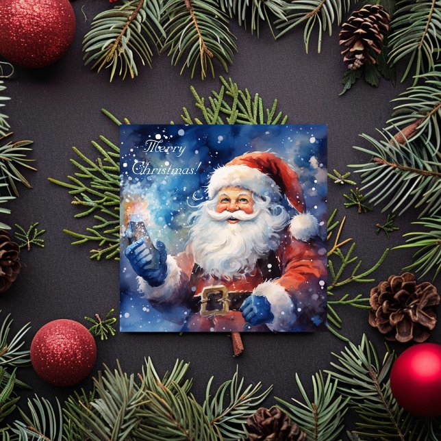 Tarjeta Festiva Watercolor Blue Merry Christmas Santa Claus (Watercolor Blue Merry Christmas Santa Claus Holiday Card)