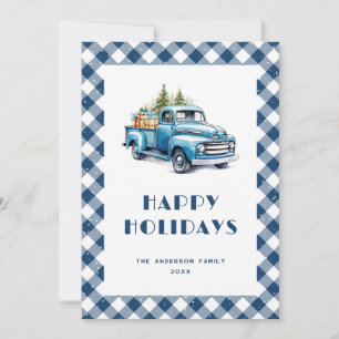 Tarjeta Festiva Watercolor Blue Truck Gingham Plaid Snowy