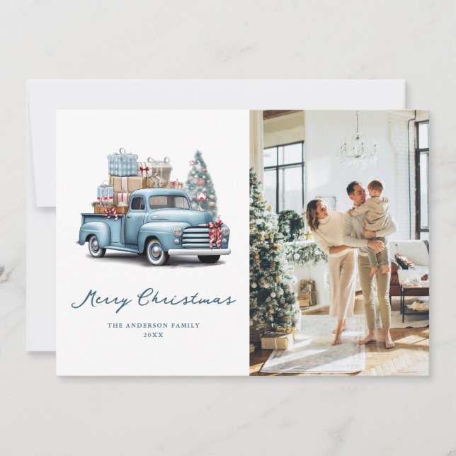 Tarjeta Festiva Watercolor Blue Truck Photo Merry Christmas Card (Anverso)