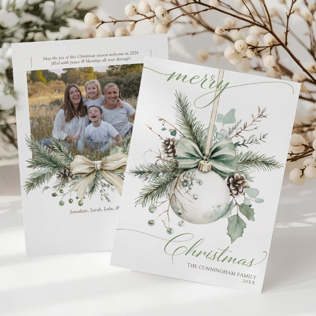 Tarjeta Festiva Watercolor Botanical Christmas Ornament Photo (Watercolor botanical greenery ornament elegant Merry Christmas script gold bow photo holiday cards)
