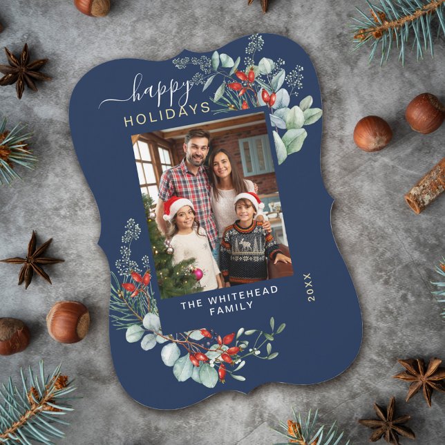 Tarjeta Festiva Watercolor Botany Photo Navy (You will love these beautiful Christmas cards! They feature botanical watercolor pine and berries.)