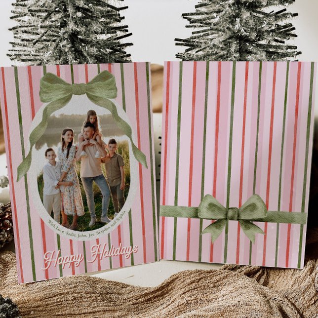 Tarjeta Festiva Watercolor Bow Family Photo Christmas Card (Subido por el creador)