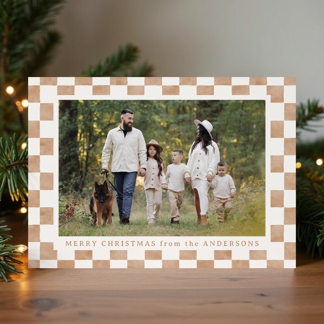 Tarjeta Festiva Watercolor Brown y Cream Gingham Navidades Foto (Subido por el creador)