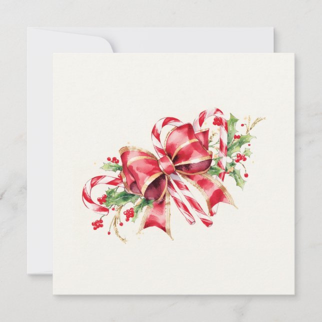 Tarjeta Festiva Watercolor Candy Cane Red Bow Holly (Anverso)