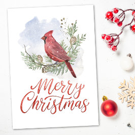 Tarjeta Festiva Watercolor Cardinal Conifers Snow Christmas