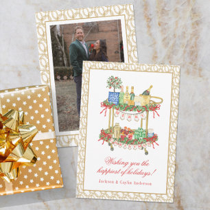 Tarjeta Festiva Watercolor Champagne Bar Cart Navidades Foto