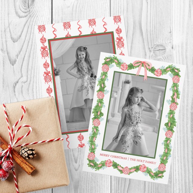 Tarjeta Festiva Watercolor Chinoiserie Ornaments Garland Navidades (Watercolor Chinoiserie Ornaments Garland Christmas Holiday Card)