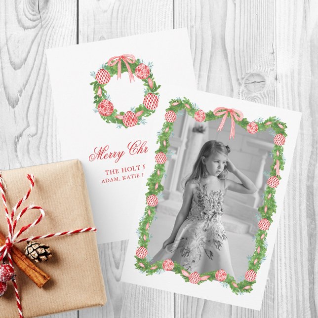 Tarjeta Festiva Watercolor Chinoiserie Ornaments Garland Navidades (Chinoiserie Christmas Red Ornament Garland and Wreath Photo Card)