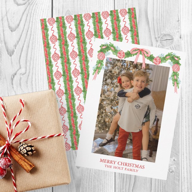 Tarjeta Festiva Watercolor Chinoiserie Ornaments Garland Navidades (Chinoiserie Christmas Red Ornaments Garland Photo Cards)