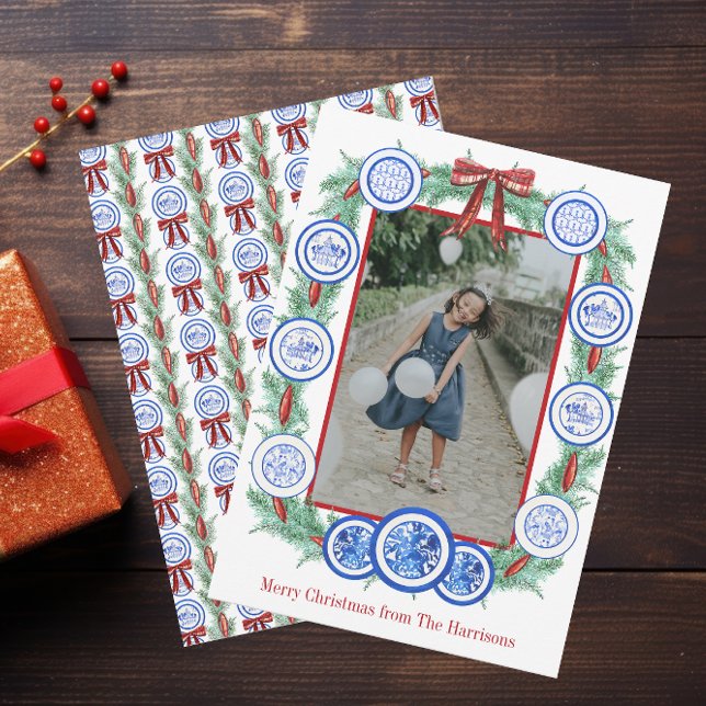 Tarjeta Festiva Watercolor Chinoiserie Plates Garland Navidades (Subido por el creador)