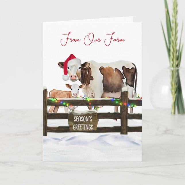 Tarjeta Festiva Watercolor Christmas Cows With Santa Hat (Anverso)