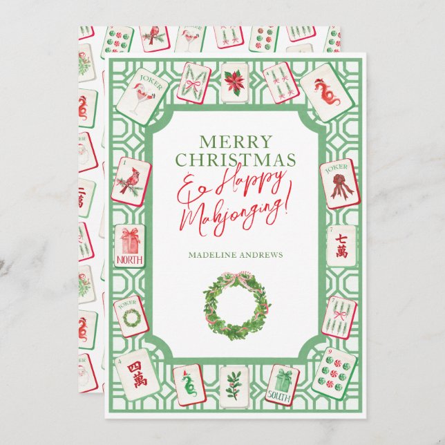 Tarjeta Festiva Watercolor Christmas Mahjong Tiles Party (Anverso / Reverso)