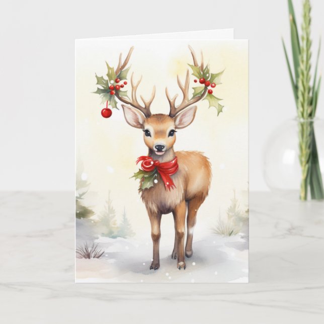 Tarjeta Festiva Watercolor Christmas Reindeer (Anverso)