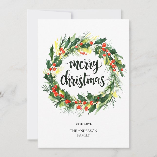 Tarjeta Festiva Watercolor Christmas Wreath Card | Elegant Greener (Anverso)