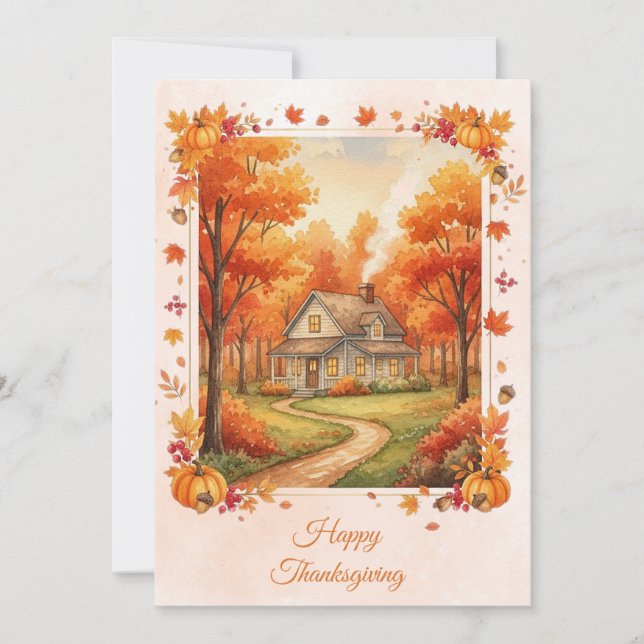 Tarjeta Festiva Watercolor Country Cabin Thankending (Anverso)
