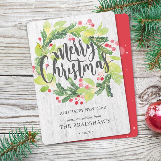Tarjeta Festiva Watercolor de cultivo Invierno Berry Wreath (Farmhouse Watercolor Winter Berry Wreath Holiday Flat Card)