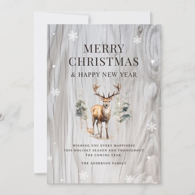 Tarjeta Festiva Watercolor Deer Forest Wood Snowfling (Anverso)