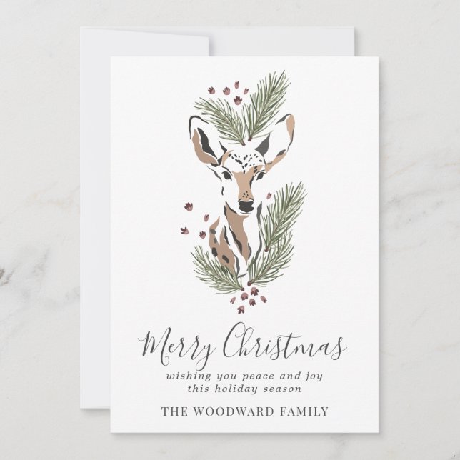Tarjeta Festiva Watercolor Deer Pine Boughs (Anverso)