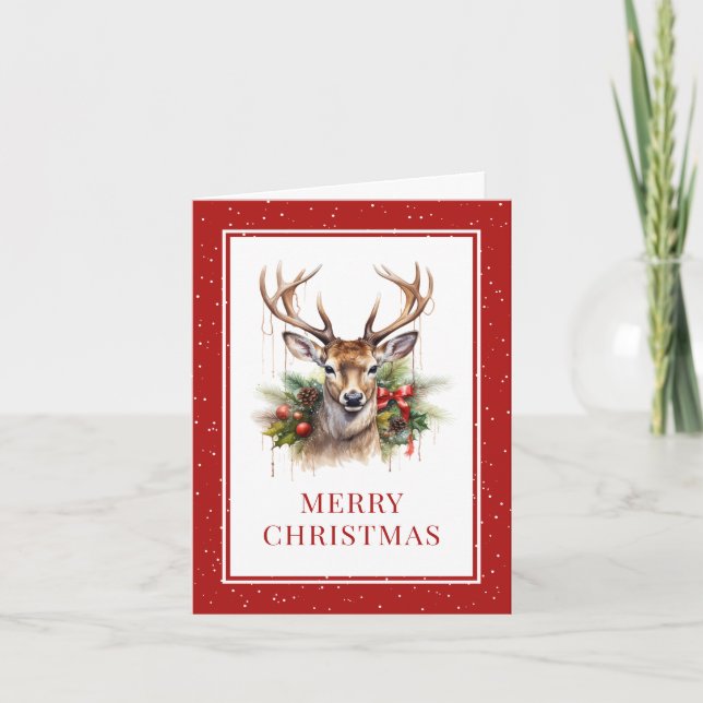 Tarjeta Festiva Watercolor Deer Pine Holly Red Merry Christmas (Anverso)