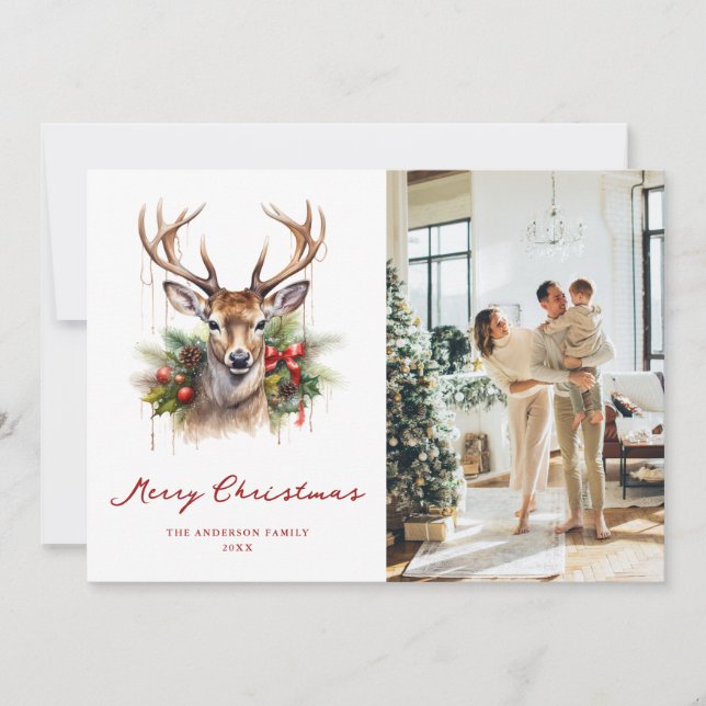 Tarjeta Festiva Watercolor Deer Pine Photo Merry Christmas Card (Anverso)