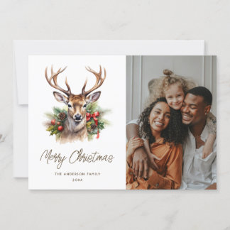 Tarjeta Festiva Watercolor Deer Winter Botanicals Photo Navidades