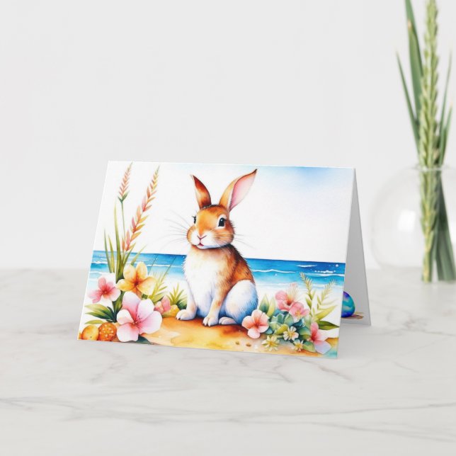 Tarjeta Festiva Watercolor Easter Bunny Beach (Anverso)