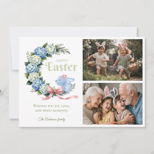 Tarjeta Festiva Watercolor Easter Hydrangea Cute Bunny 2 Photo (Anverso)