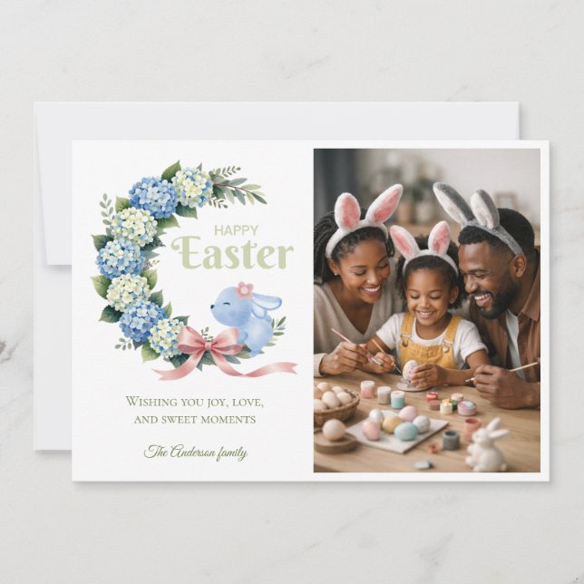 Tarjeta Festiva Watercolor Easter Hydrangea Cute Bunny Photo (Anverso)