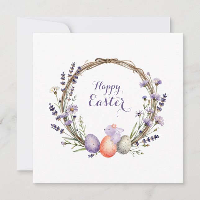 Tarjeta Festiva Watercolor Easter Lavender Wreath Eggs Cute Bunny (Anverso)