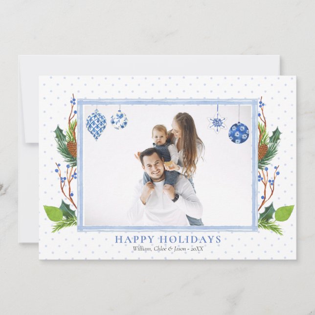 Tarjeta Festiva Watercolor Elegante Chinoiserie azul Una foto  (Anverso)