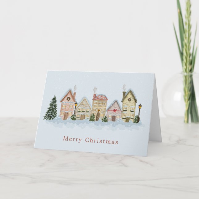 Tarjeta Festiva Watercolor Festive Winter Village Merry Christmas (Anverso)