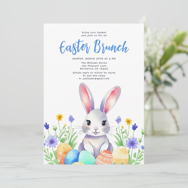 Tarjeta Festiva Watercolor Floral Bunny Rabbit Easter Brunch (Anverso de pie)