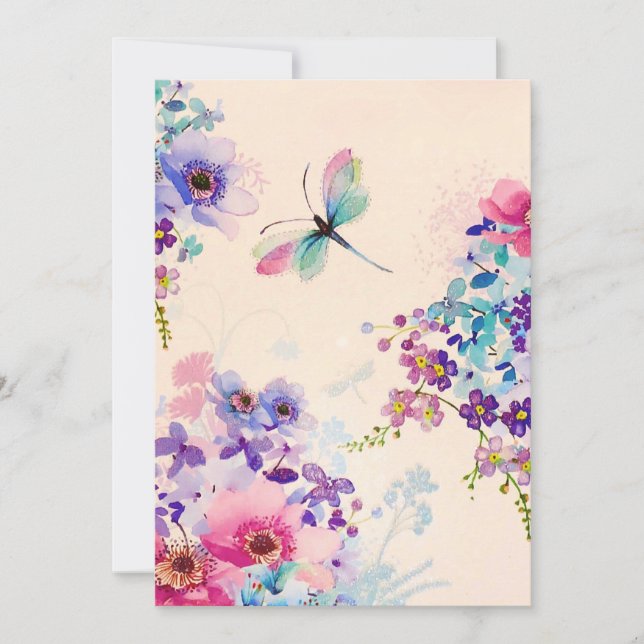 Tarjeta Festiva Watercolor Floral Mariposa Jardín Purpurina (Anverso)