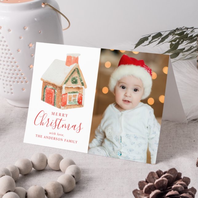 Tarjeta Festiva Watercolor Gingerbread House Merry Christmas Photo (Subido por el creador)