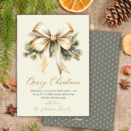 Tarjeta Festiva Watercolor Gold Bow Foliage Beige Merry Christmas