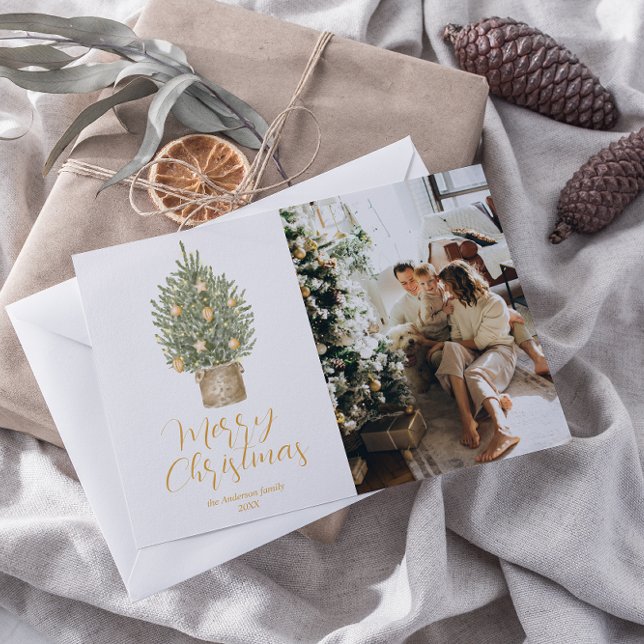 Tarjeta Festiva Watercolor Gold Tree Photo Merry Christmas (Subido por el creador)