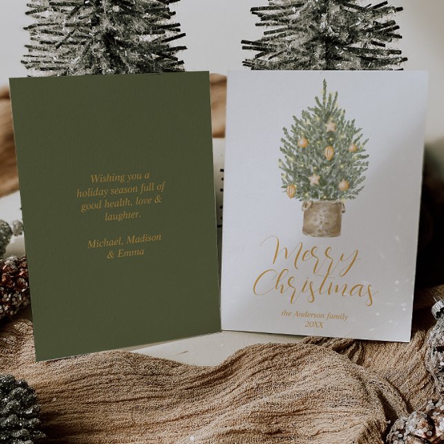 Tarjeta Festiva Watercolor Gold Whimsical Tree Merry Christmas (Subido por el creador)