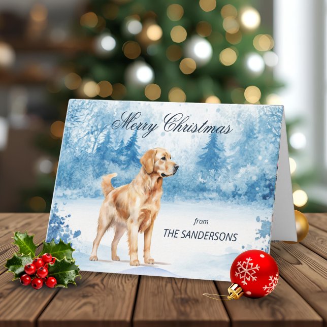 Tarjeta Festiva Watercolor Golden Retriever Winter Christmas (Snowy Golden Retriever holiday christmas card)
