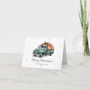 Tarjeta Festiva Watercolor Green Truck Photo Merry Christmas