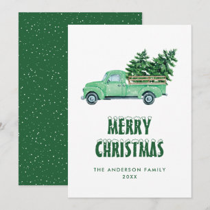 Tarjeta Festiva Watercolor Green Truck Snow Merry Christmas Card