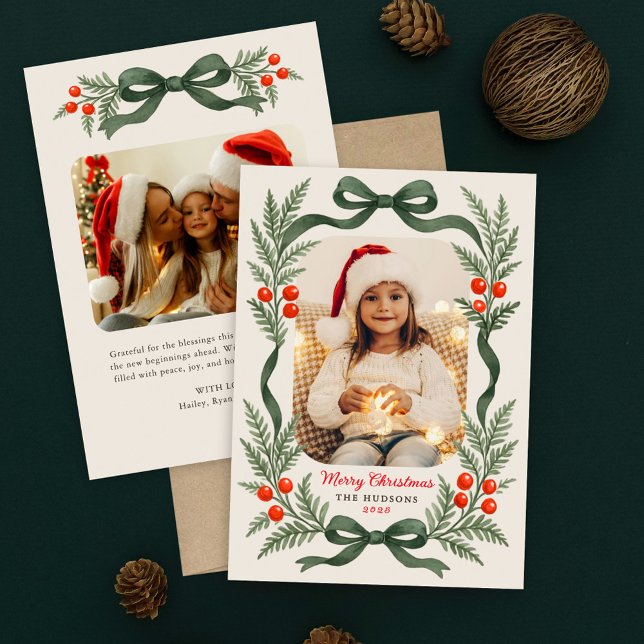 Tarjeta Festiva Watercolor Greenery Bow Merry Christmas Photo (Subido por el creador)