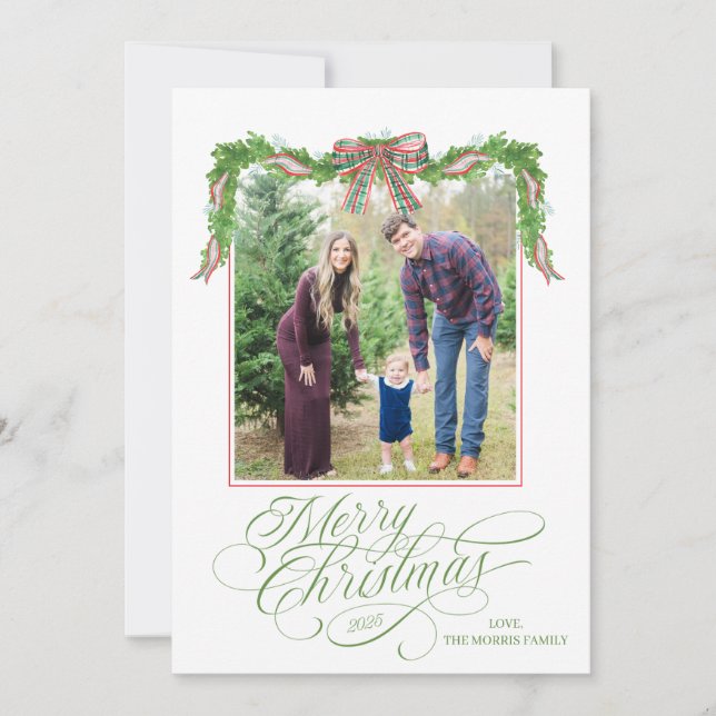 Tarjeta Festiva Watercolor Greenery Christmas Photo Card (Anverso)