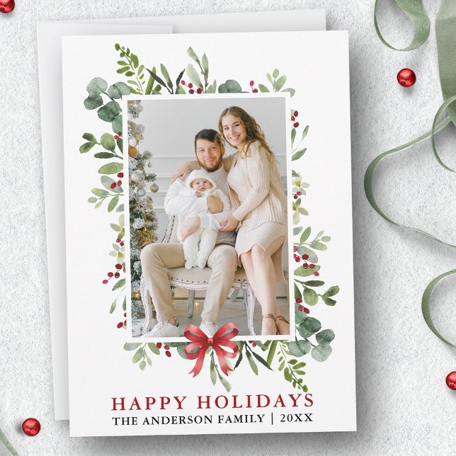 Tarjeta Festiva Watercolor Greenery Happy Holidays Red Bow (Customize to add text to back of card.)