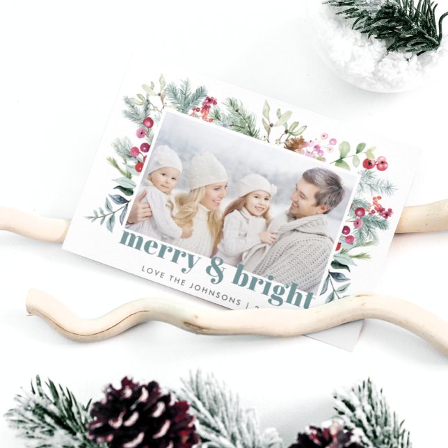 Tarjeta Festiva Watercolor Greens Holly Berry Photo (Subido por el creador)