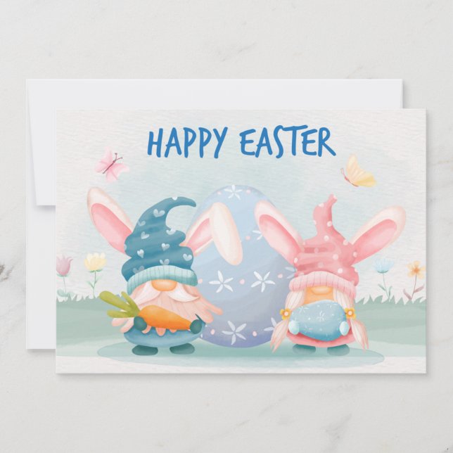 Tarjeta Festiva Watercolor Happy Easter Gnomes (Anverso)