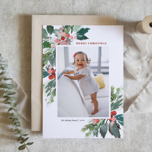Tarjeta Festiva Watercolor Hollies Faux Gold Merry Christmas Photo