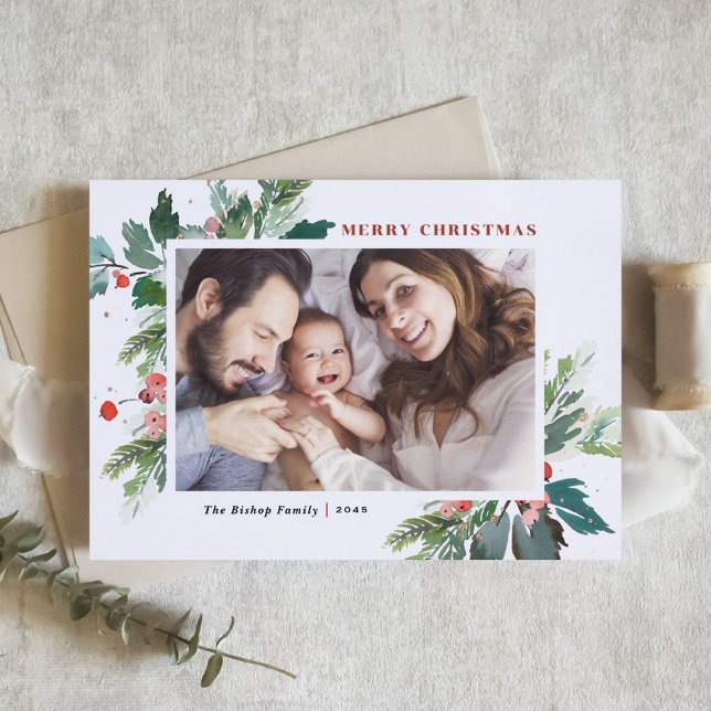 Tarjeta Festiva Watercolor Hollies Faux Relieve metalizado dorado  (Subido por el creador)