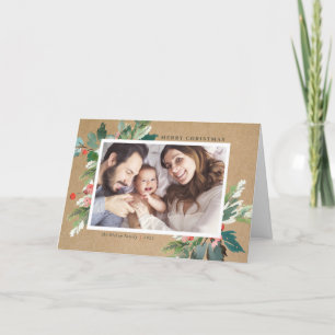 Tarjeta Festiva Watercolor Hollies Kraft Navidades de papel
